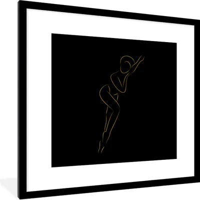 Produktbild von MuchoWow® Gerahmtes Poster Frau - Schwarz - Gold - Strichzeichnung 40x40 cm - Poster mit Schwarzem Bilderrahmen Wandposter Rahmen Foto Bilder - Poster - Plakat im Rahmen