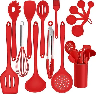 Imagen del producto de Utensilios de cocina de silicona, juego de 15 piezas, utensilios de cocina rojos, utensilios de cocina, set con recipiente de almacenamiento, espátulas antiadherentes para cocinar, no tóxicos, aptos para uso alimentario.
