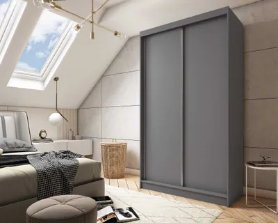 Produktbild von AGMAT Schwebetürenschrank Inari, Kleiderschrank mit 2 Türen, Moderne Garderobe in Farbe: Graphit, Schrank in Größe: 120 x 216 x 61 cm