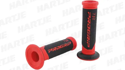 A pair of red and black motorcycle grips against a white background.