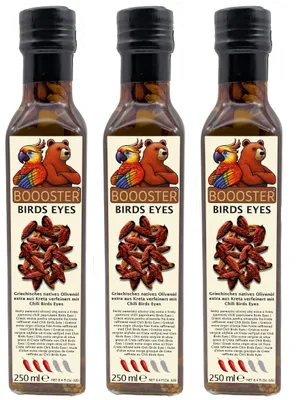 Produktbild von APSU Würz-Öl 3x250ml von BOOOSTER® Extra Natives Olivenöl mit Bird’s Eye Chilis Premium-Dressing-Öl aus Griechenland Kreta für Feinschmecker-innen und die mediterrane Küche