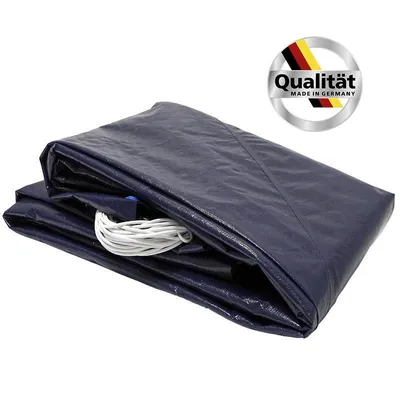 A folded dark blue tarpaulin with white cord is shown against a white background. A circular logo with the German flag and the word "Qualität" is in the upper right corner.