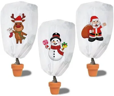 Produktbild von Unyqoos® 3er-Set Pflanzenschutzhauben mit Weihnachtsmuster – 90 x 110 cm, atmungsaktiver Vliesstoff, Frostschutz, Reißverschluss & Kordel, für Topf- und Gartenpflanzen