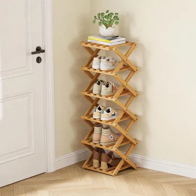 Immagine prodotto di Scaffale per scarpe, 6 ripiani, in bambù, pieghevole, autoportante, verticale, stretto, dimensioni 27x26x93 cm