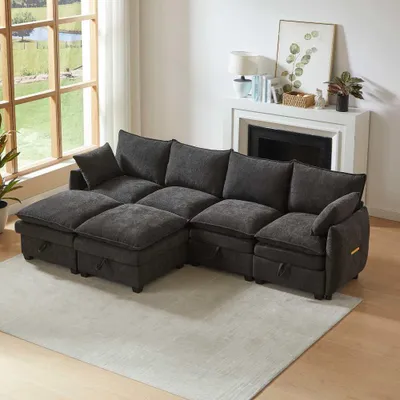 Produktbild von AIORBER Modulares U-Form Sofa Set mit Stauraum, 6-Sitzer Couch aus Chenille, Wohnlandschaft mit 4 Sitzelementen und 2 Hockern, Massivholzrahmen, Grau
