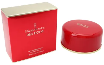 Elizabeth Arden Red Door Körperpuder in glänzender roter Dose mit goldenem Boden, daneben rechteckige Produktverpackung in Rot mit goldener Oberseite.