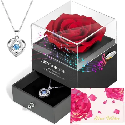 Produktbild von Geschenkset Ewige Rose mit Spieluhr und Silberkette Herzanhänger Blau Rot