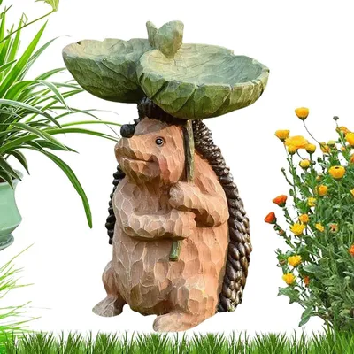 Imagen del producto de Estatua de erizo con bebedero para pájaros, decoración para jardín, color marrón, 15 x 10 x 21 cm