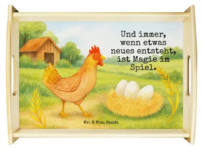 Produktbild von Mr. & Mrs. Panda Serviertablett Huhn Stolz Design - Weiß - Geschenk, Sofa Tablett, Servier, Bauernhof, Hof, Eier, Geburt, Hühner, Spruch, Holztablett, aus holz