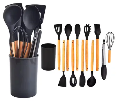 Produktbild von Silikon Kochutensilien mit Holzgriff 12 teilig hitzebeständig spülmaschinengeeignet mit Halter in Schwarz