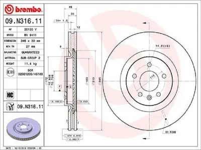 Produktbild von 2x BREMBO Bremsscheibe 09.N316.11 für OPEL INSIGNIA Caravan INSIGNIA CC 45mm