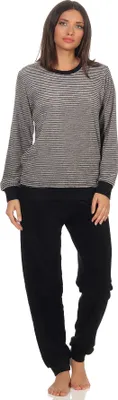 Produktbild von Damen Frottee Pyjama Schlafanzug mit Bündchen in eleganter Streifenoptik - 291 201 13 781 ; grau-melange , 44