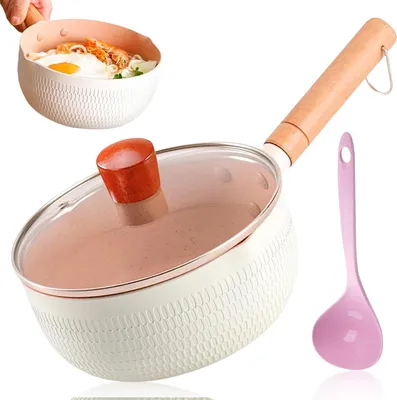 Productafbeelding van Steelpan met Deksel - Kookpan Melkpan - Koken en Verwarmen - Antiaanbaklaag Verwijderbaar Handvat - 18 cm - Wit