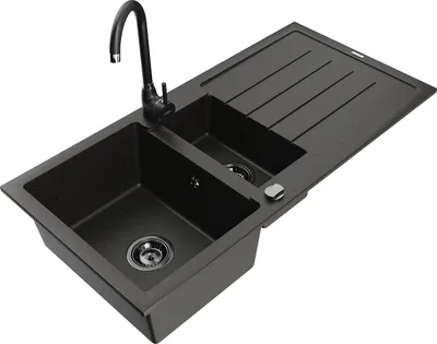 Produktbild von Mexen Andres 1,5-Becken-Granitspüle mit Abtropffläche und Mischbatterie Telma, Schwarz/Gold - 6515-75-670200-70-B