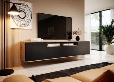 Produktbild von TV-Schrank 180 cm hängend, Fernsehtisch, Lowboard, Artisan/Schwarz Matt, Modernes Design, "Masimo"