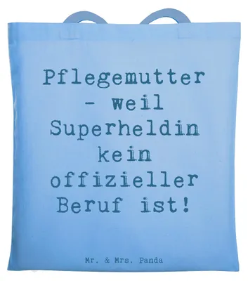 Produktbild von Mr. & Mrs. Panda Beutel Spruch Pflegemutter Superheldin - Sky Blue - Geschenk, Geborgenheit, Tote Bag, Jutebeutel, Tasche, Familienleben, Schultasche, Pflegeeltern