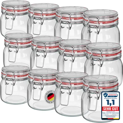A collection of glass jars with red-banded lids and silver clasps, arranged in rows.