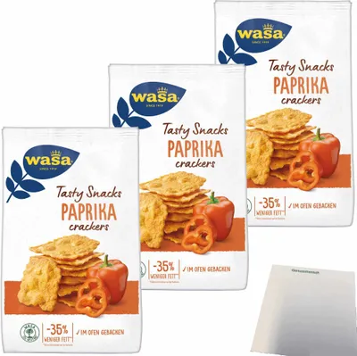 Produktbild von Wasa Tasty Snacks Paprika Crackers 3er Pack (3x150g Packung) + usy Block