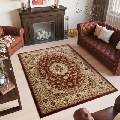 Produktbild von Teppich Wohnzimmer Schlafzimmer Kurzflor Design Klassisch Muster Floral Braun Rot  160 x 220 cm