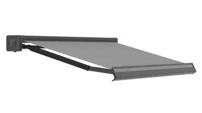 Produktbild von Neu bei Vana 4 x 3 m elektrische Vollkassettenmarkise graue Kassette Acryl Stoff in Charcoal SP1308EMSL mit LED-Beleuchtung und Solarbetrieb