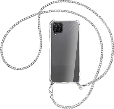 Produktbild von Handykette Backcover-Schutzhülle mit Band (Metall silberfarben) für Samsung Galaxy A12 - silberfarbene Kette