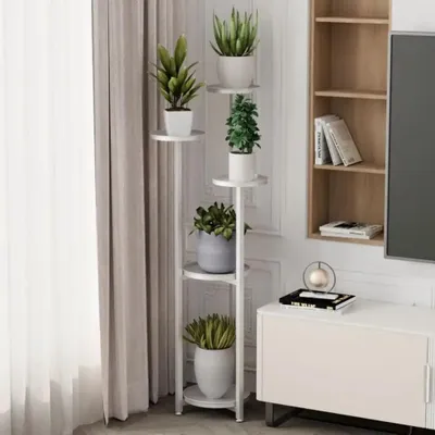 Zdjęcie produktu dla Stojak na rośliny – narożny regał na rośliny doniczkowe – wielopoziomowy – metalowy – antypoślizgowe nóżki – 120 cm – biały