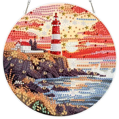 Obrázok produktu pre Sada na tvorbu obrazov technikou "diamond painting" – prívesok s motívom majáku, 5D, DIY, dekorácia do okna, slnečný lapač, kreatívna sada pre deti a dospelých, GSL063