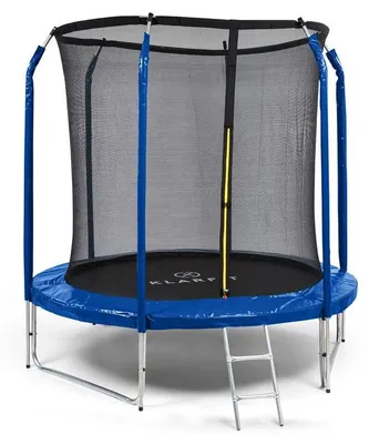 Produktbild von Klarfit Kinder Trampolin Indoor/Outdoor, Kleines Trampolin für Kinder, Kindertrampolin Rutschfest, Trampolin mit Leiter, Randabdeckung und Sicherheitsnetz, UV-Beständiges Trampolin Klein, 250cm