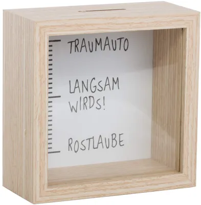 Produktbild von Holzspardose mit Bilderrahmen und Glas, 14,5 x 14,5 x 6,5 cm – Sparliste mit Sichtfenster und Münzeinwurf – dekorative Spardose für Geldgeschenke und besondere Sparziele – Traumauto