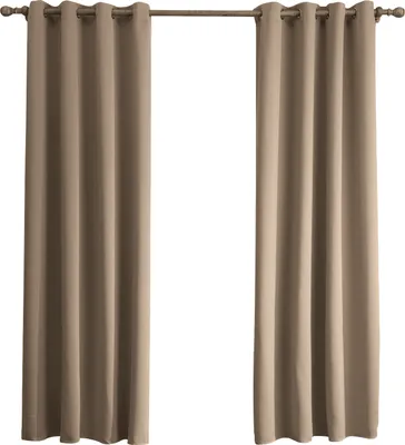 Two brown curtains hanging from a curtain rod against a white background.