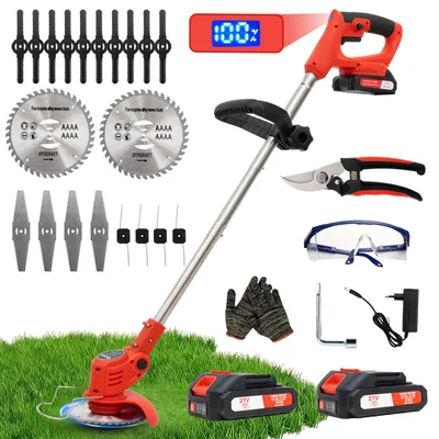 Produktbild von OUTIGO Akku-Rasentrimmer mit 2x1.5Ah Akkus 21V,4 Ersatzklingen,9000 U/min, bürstenloser Motor,Akkurasenmäher, Feste Länge 124 cm