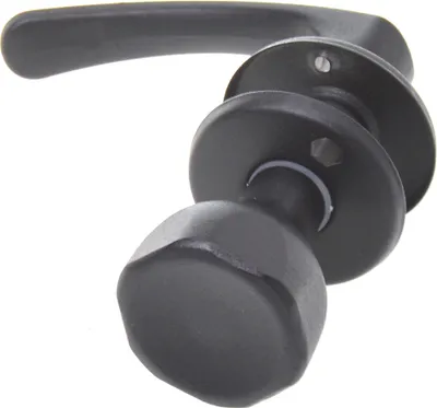A black door handle and knob set against a white background.
