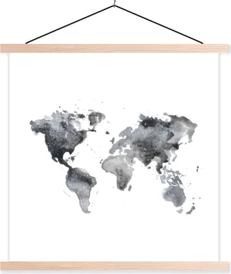 Produktbild von MuchoWow® Textilposter Weltkarte - Aquarell - Schwarz und weiß 40x40 cm mit holzfarbenen Rahmen - Posterleiste