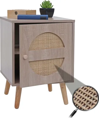 Zdjęcie produktu dla Stolik nocny HWC-M35, stolik kawowy, schowki, drewno Kubu rattan melamina, dąb 56x40x40cm