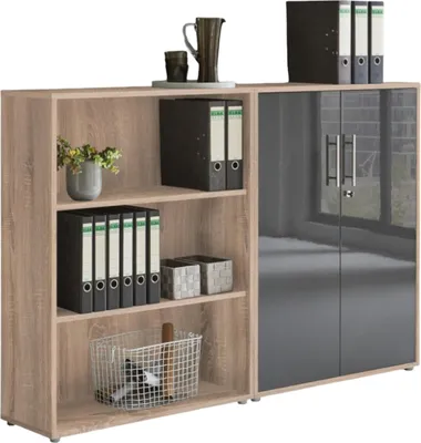 Produktbild von Aktenschrank TABOR 1 niedrig in Eiche Sonoma / anthrazit Hochglanz, Schrankwand, Büroschrank, abschließbar, Metallgriffe