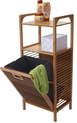 Produktbild von Półka z koszem na pranie HWC-B94, pojemnik na pranie kosz na pranie stojący półka do przechowywania, bambus 95x40x30cm 28l