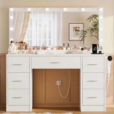 Produktbild von Schminktisch mit LED Spiegel, Steckdose, 7 Schubladen, Weiß