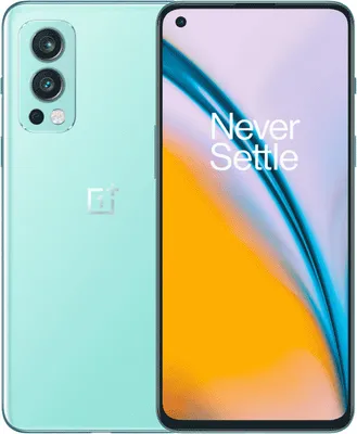 A product shot of a OnePlus Nord 2 5G smartphone, showing both the front and back of the device.