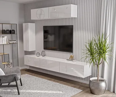 Produktbild von Stilvoll Anbauwand Wohnwand mit TV-Schrank Schrankwand Weiß Hochglanz, TV-Möbel, Wohnzimmer-Set