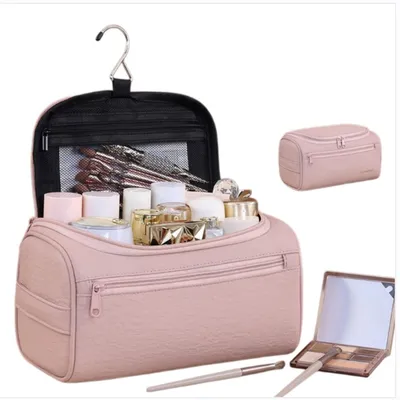 Obrázek produktu pro INF Závěsná multifunkční toaletní taška — přenosný polyesterový cestovní organizér na make-up s velkou kapacitou, více přihrádkami a háčkem Růžový