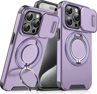 Image de Étui double couche pour iPhone 15 Pro, avec couvercle coulissant pour l'appareil photo et support magnétique pour anneau Violet