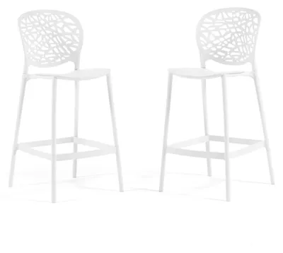 Image de Lot de 2 tabourets de bar d'extérieur empilables, en polypropylène renforcé de fibre de verre, avec dossier ajouré et repose-pieds, pour jardin, bar, cuisine ou terrasse – Linda XL – Blanc