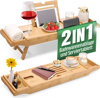 Produktbild von Badewannenablage Badewannentablett Ablage Badewanne - Extragroß mit ausklappbarem Ständer
