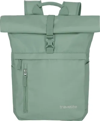 A front view of a green roll-top backpack against a white background.