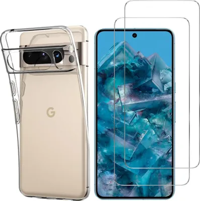 A clear phone case and two screen protectors are shown next to a phone.