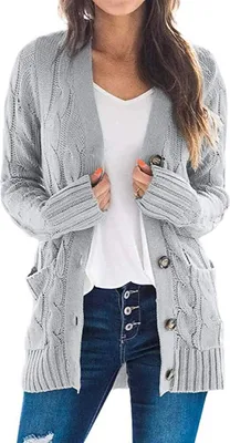Produktbild von ASKSA Damen Strickjacke Strickpulli Langarm mit Taschen Knopf Pullover Casual Einfarbig Strickmantel, Grau, S