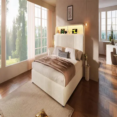Produktbild von Polsterbett 140x190cm aus Samt in Beige mit höhenverstellbarem Stauraum-Kopfteil, LED-Beleuchtung, USB/Type-C Ladestation und Lattenrost