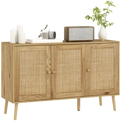Image de Buffet salon meuble de rangement avec placards š€ portes en rotin et šŠtagššre ršŠglable, bois naturel