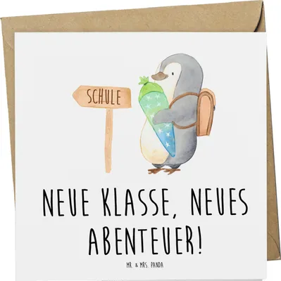 Produktbild von Mr. & Mrs. Panda Glückwunschkarte Erster Schultag Abenteuer - Weiß - Geschenk, besonderer Moment, Neuanfang, doppelkarte, Zuversicht, anlasskarte, neue Freundschaften