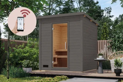 Produktbild von Karibu Saunahaus Außensauna Gartensauna Hytti 2 + 9kw Ofen finnisch und HUUM WIFI Steuergerät Sparset 196 x 196 cm Farbe: Terragrau